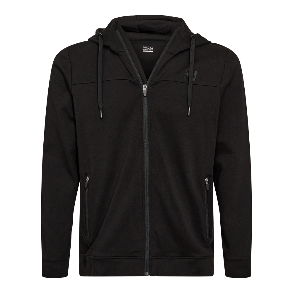 Sort, praktisk hættetrøje med fuld lynlås og justerbar hætte. Designet er minimalistisk og sportsligt med lange ærmer, ribkanter ved ærmer og kant samt to sidelommer med lynlås. Stoffet fremstår blødt og let struktureret, velegnet til hverdag og træning. Diskret logo på brystet og solide snore i hætten giver et enkelt, moderne udtryk.