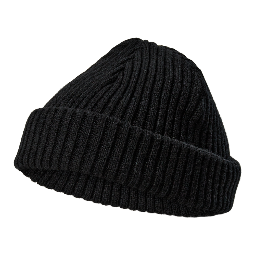 En enkel, sort ribstrikket hue med en bred opbukket kant. Huen har tæt ribstruktur og ser blød og varm ud, hvilket gør den praktisk til kolde dage. Det klassiske, minimalistiske design er unisex og nemt at style med frakker eller casual tøj. Den neutrale farve og kompakte pasform giver et tidløst udtryk, samtidig med at materialet antyder komfort og holdbarhed.