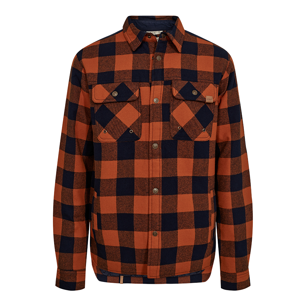 En robust skjortejakke i klassisk orange og sort tjekket mønster, udført i blødt flannelstof. Jakken har en almindelig krave, trykknapper på fronten og to brystlommer med klap og metalknapper. Den boxy pasform og forstærkede syninger giver et råt, praktisk udtryk, perfekt til udendørs aktiviteter eller lag på kolde dage. Et tidløst, funktionelt valg til hverdagsbrug.