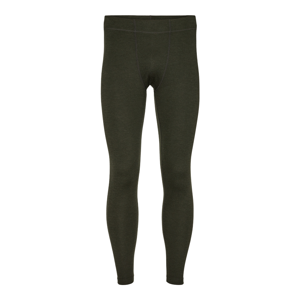 Et par mørkegrønne lange underbukser/thermoleggings i enkelt, tætsiddende snit. Buksen har elastisk linning og synlige flade syninger ved skridt og sidesømme, hvilket giver en god pasform og bevægelighed. Materialet virker blødt og varmt — velegnet som baselag under yderbeklædning på kolde dage. Designet er minimalistisk og funktionelt, ideelt til friluftsliv, vandreture eller hverdagsbrug under skiftende vejrforhold.