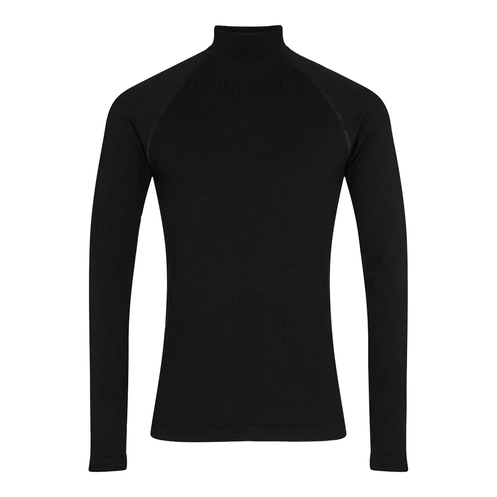En elegant, sort langærmet bluse med høj krave og tætsiddende silhuet. Det enkle, minimalistiske design og de lange ærmer med raglan-søm giver et strømlinet udtryk, perfekt som basislag eller til et sofistikeret hverdagslook. Stoffet virker let strækbart og behageligt, hvilket sikrer god bevægelsesfrihed og pasform. Let at kombinere med jeans, under jakker eller som et stilrent lag-på-lag.