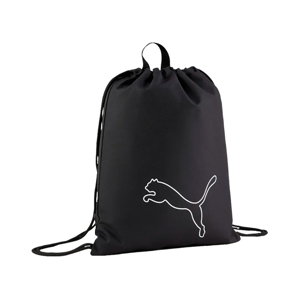 En sort snøresæk i let, holdbart materiale med et minimalistisk og sporty udtryk. Posens enkle snorelukning gør den nem at åbne og lukke, og de tynde skulderremme kan justeres ved at knytte dem. På forsiden pryder en hvid silhuet af en springende kat logoet, som giver et tydeligt brandpræg. Perfekt til træning, skole eller hverdagens små ærinder.