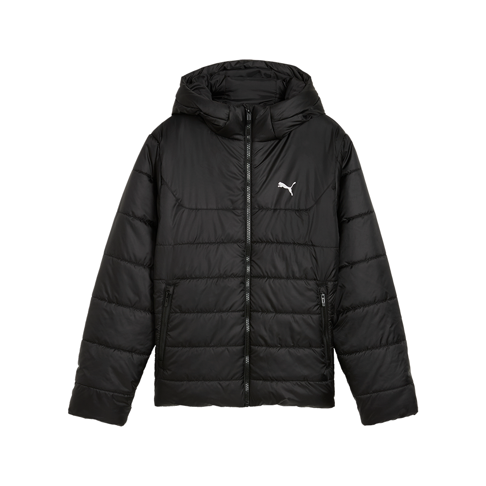 En sort, quiltet jakke med hætte, fyldig puffer-stil og vandafvisende finish. Jakken har en central lynlås, to sidelommer med lynlås og synlige, vandrette quiltede sømme. Den lille hvide Puma-logo på brystet giver et sporty præg. Ærmerne er lange og afslutter lige ved håndleddet, mens pasformen virker let boxy. Et praktisk og stilrent valg til kolde, fugtige dage.