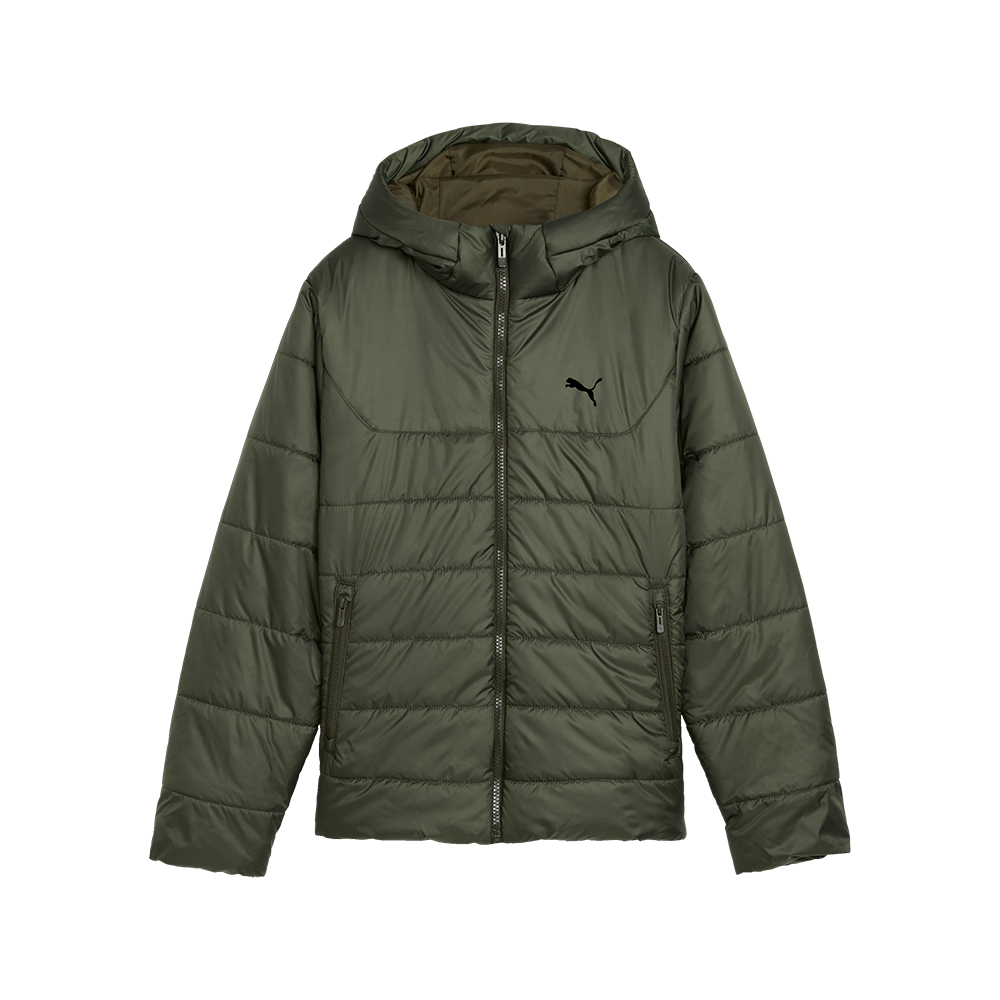 En olivengrøn, let vatteret jakke med hætte og central lynlås. Jakken har vandafvisende, mat nylonmateriale, vandrette quilt-sømme og to diskrete lynlåslommer i siderne. Den lette polstring giver varme uden at virke klodset, mens det lille Puma-logo på brystet tilføjer et sporty, minimalistisk præg. Perfekt til kølige efterårs- og vinterdage, hvor funktion møder stil i en afslappet pasform.