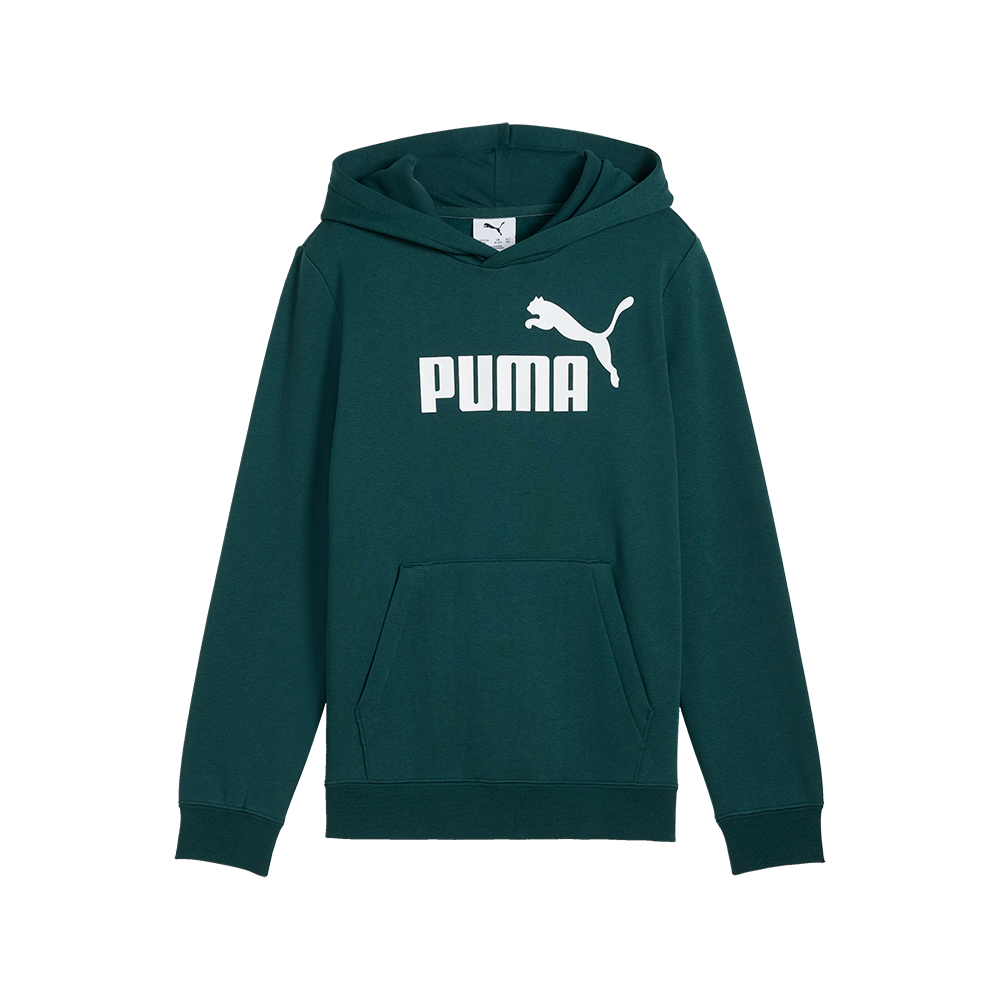 En mørkegrøn Puma-hoodie med en stor hvid logoprint på brystet. Trøjen har hætte, lange ærmer og en klassisk kængurulomme foran samt ribkant ved ærmer og kant. Designet er enkelt og sporty, velegnet til hverdag eller træning. Den afslappede pasform og rene linjer giver et moderne, casual udtryk, som nemt kan styles med jeans eller træningsbukser.