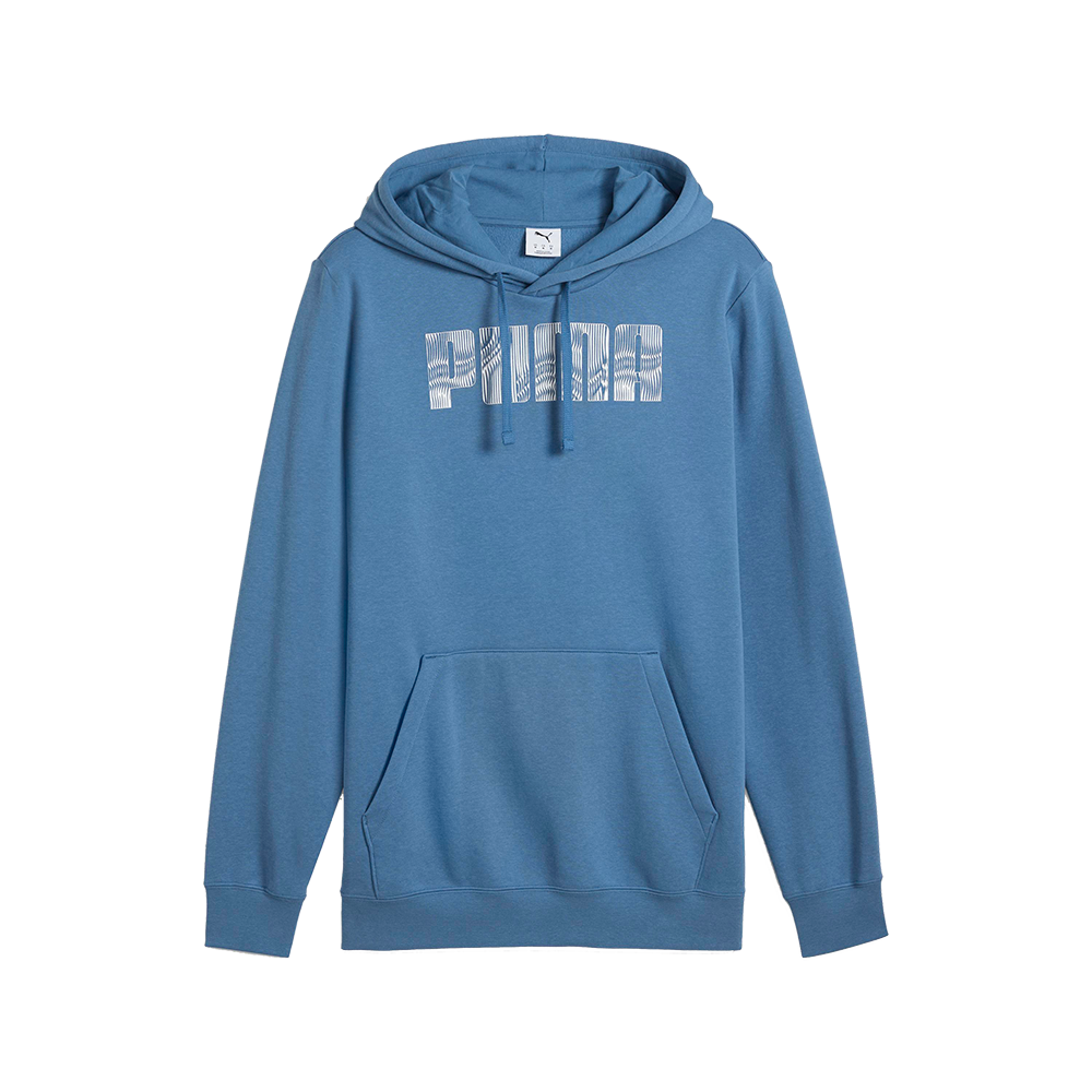 Blå hættetrøje i en afdæmpet denim-agtig nuance med stor kængurulomme og justerbar snøre i hætten. Foran ses et hvidt, stribet PUMA-logo, der giver et grafisk touch. Ribkanter ved ærmer og talje samt en løs, afslappet pasform gør trøjen behagelig til hverdag. Stoffet virker som en blød bomuldsblanding, ideel til lag-på-lag look.