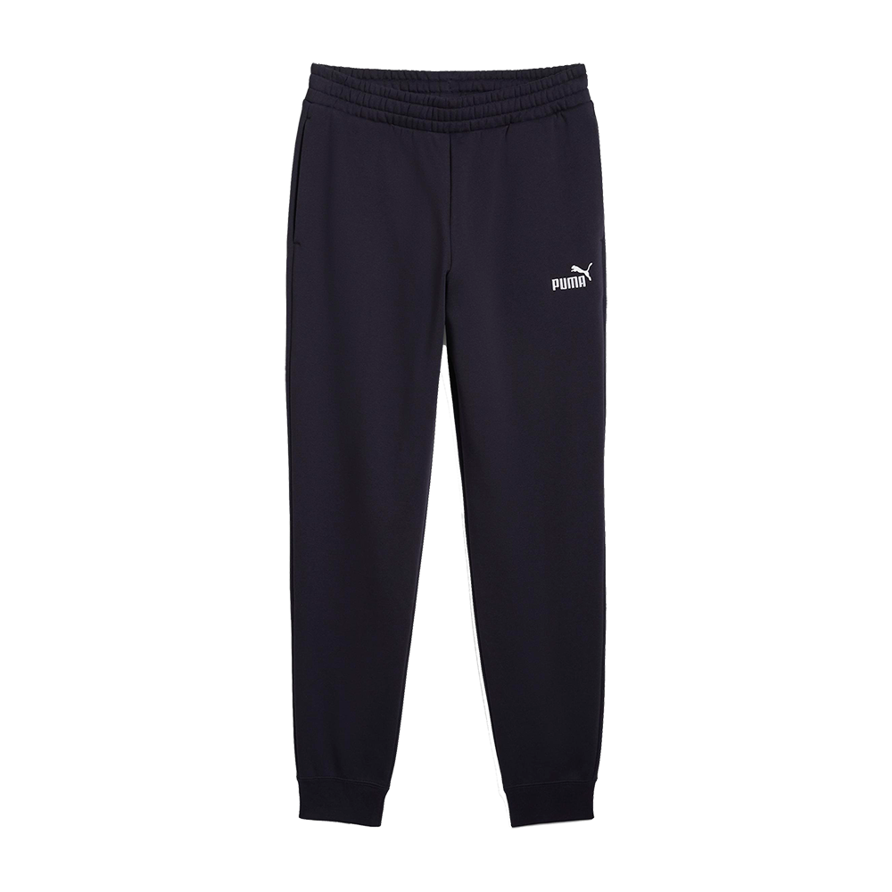 Et par mørkeblå/sorte Puma træningsbukser i et enkelt, sporty design. Bukserne har elastisk talje, sidelommer og ribkanter ved anklerne for en tætsiddende pasform. Materialet virker blødt og let børstet, velegnet til både træning og fritid. Et lille hvidt Puma-logo er placeret på låret som diskret detalje. Stilrene og funktionelle bukser, der kombinerer komfort med et klassisk atletisk look.