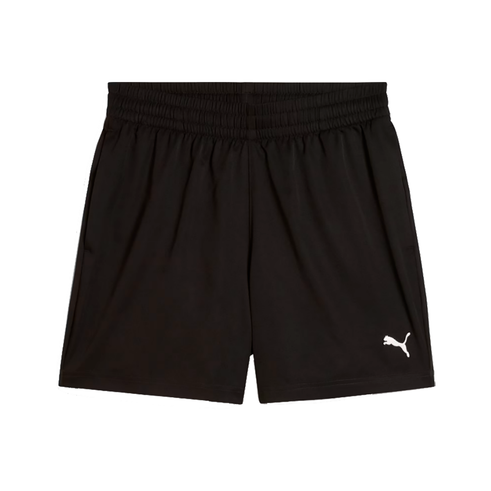 Sort sports- eller fritidsshorts i let, åndbart materiale med elastisk talje og løstsiddende pasform. Modellen har diskrete sidelommer og en lille, hvid Puma-logo nederst på venstre ben. Det enkle design gør dem velegnede til både træning, løb og afslappet hverdag. Kortene når midt på låret og giver god bevægelsesfrihed samt et klassisk, minimalistisk udtryk.