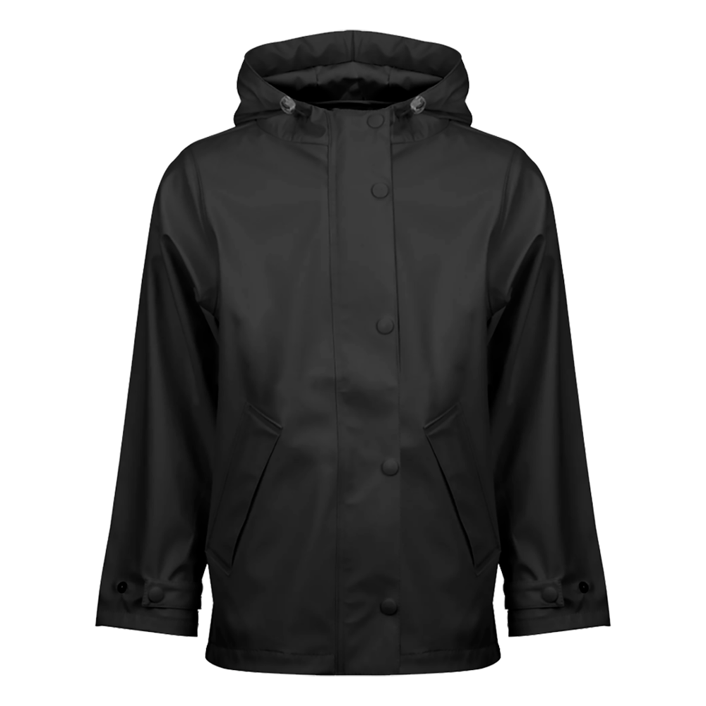 En sort regnjakke i minimalistisk design med hætte og justerbar snøring. Jakken har trykknapper foran, to skrå lommer og lange ærmer med knapstrop til indsnævring. Materialet ser mat og vandtæt ud, velegnet til våde dage og hverdagens transport. Enkel, funktionel og tidløs i sit snit, nem at kombinere med både casual og praktisk tøj.