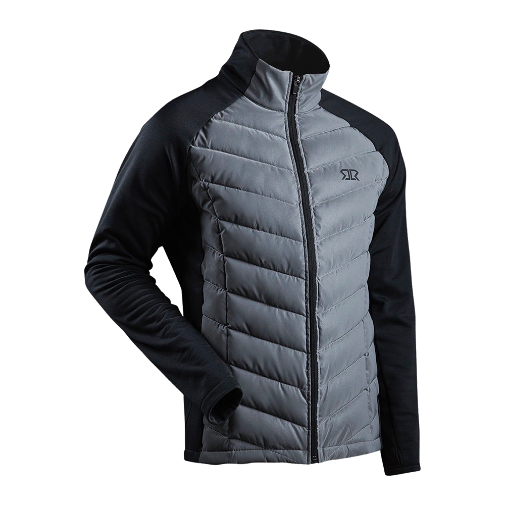 En moderne, sporty jakke i grå og sort med polstret, quiltet frontpanel og lange, elastiske ærmer. Den har høj krave og fuld lynlås for god vindbeskyttelse, mens de strækbare sidesektioner sikrer bevægelsesfrihed. Jakken virker isolerende foran og åndbar i ærmerne — ideel til udendørs træning, løb eller som hverdags-outdoorjakke på kølige dage.