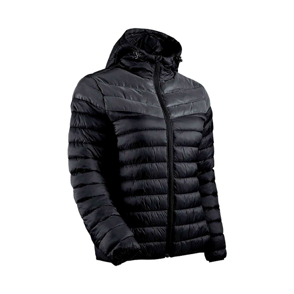 vatterede jakke har en mat-glinsende overflade med vandrette quiltede kanaler, hellytet lynlås og en tæt sidende hætte med justerbare snore. Smal pasform, let og varm, ideel til kølige efterårs- og vinterdage. Jakken virker vindafvisende og pakkbar, egnet til både hverdag og udendørs aktiviteter, med elastiske ærmeåbninger og minimalistisk, funktionelt design. Fyldet giver god varme uden at være klodset, og jakken er nem at pakke sammen.