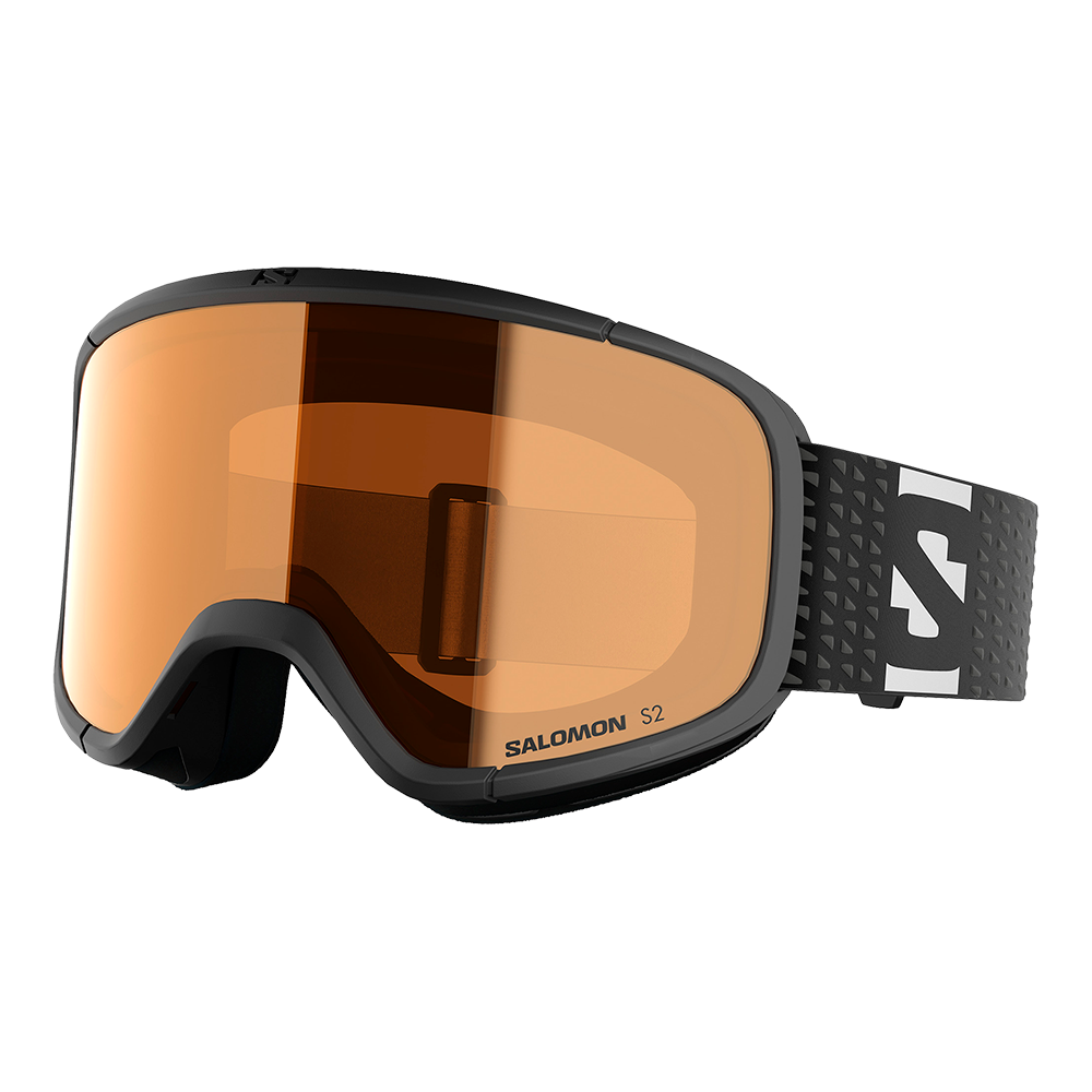 Et par moderne skibriller med stor, buet orange linse og mat sort ramme. Den brede, justerbare bærestrop har et diskret mønster og synligt Salomon-logo. Brillens form giver bredt synsfelt og god beskyttelse mod vind, sne og blænding ved diffust vejr. Indvendig polstring sikrer komfort og tæt pasform, mens det stilrene design passer til både fritids- og performance-orienterede skiløbere.