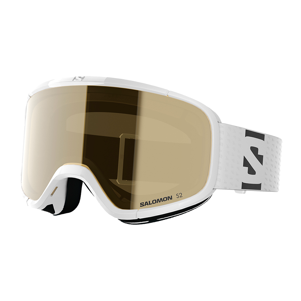 Et par moderne skibriller fra Salomon med hvid ramme og gyldenbrun linse. Brillens brede, kurvede glas giver et stort synsfelt, mens den justerbare, hvide rem med logo sikrer fast pasform. Indvendigt ses blød polstring for komfort og tætning mod vinterkulde. Designet er minimalistisk og funktionelt, velegnet til skiløb og snowboarding i varierende vejrforhold.