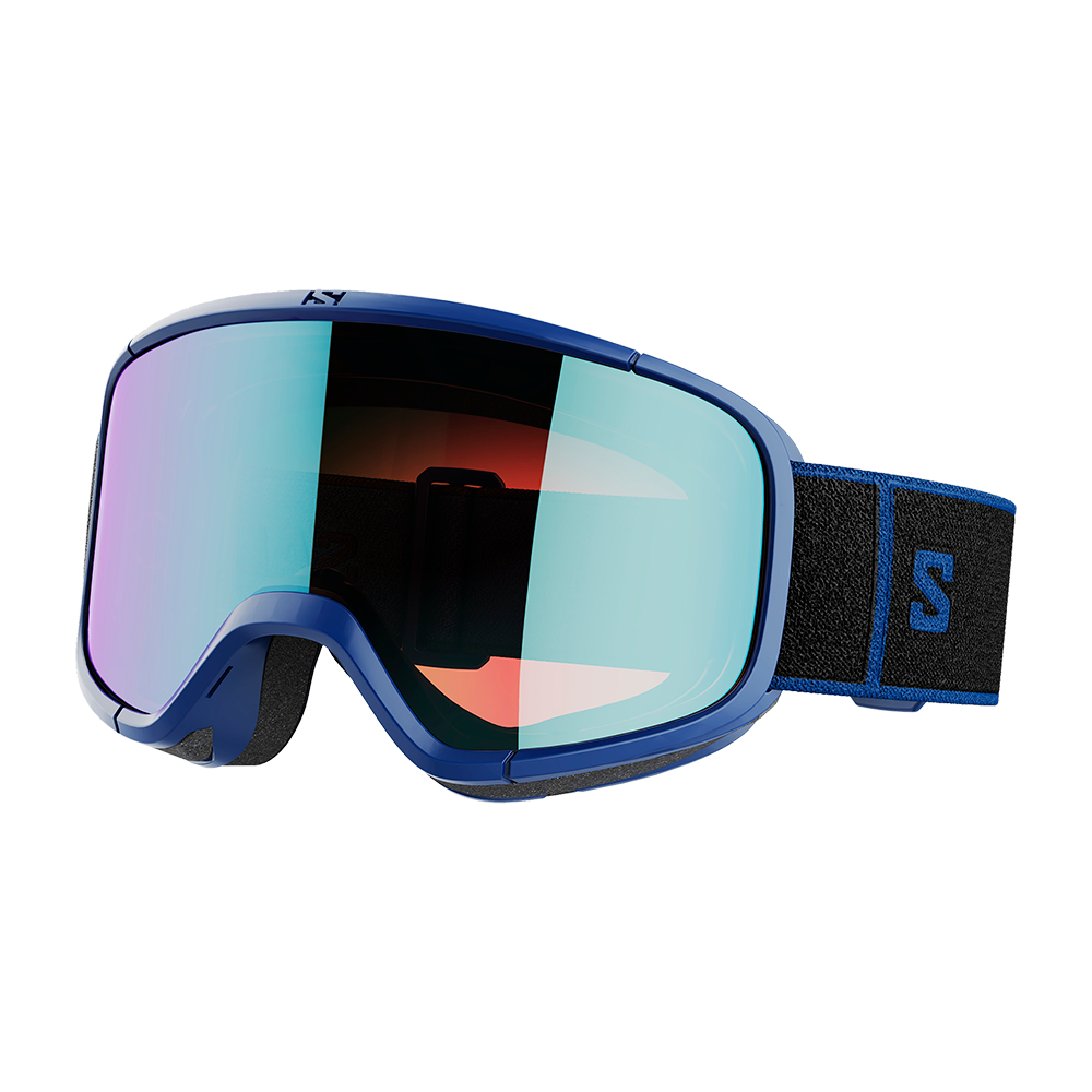 Blå skibrille med stor, buet spejllinse i turkis-lilla gradient, der giver et moderne og sporty udtryk. Rammen er robust og kontrasterer fint med sort skumpolstring indvendig for komfort og tæt pasform. Elastisk sort rem har blå kanter og et tydeligt "S"-logo, som sikrer stabil montering omkring hjelm eller hoved. Designet kombinerer funktionalitet, stil og effektiv beskyttelse mod blænding.