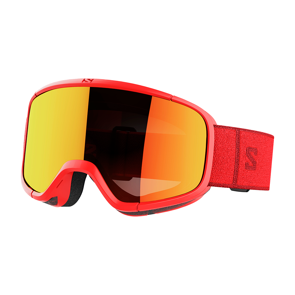 Røde skibriller med en bred, spejlblank orange linse og rødt stel. Brillen har blød skumpolstring langs indersiden for komfort og en bred elastisk rem i rød med et diskret 'S'-mærke. Den store, kurvede linse giver et bredt synsfelt og beskytter mod blænding og vind — ideelle til skiløb eller snowboarding, hvor både pasform og klarhed er vigtige.