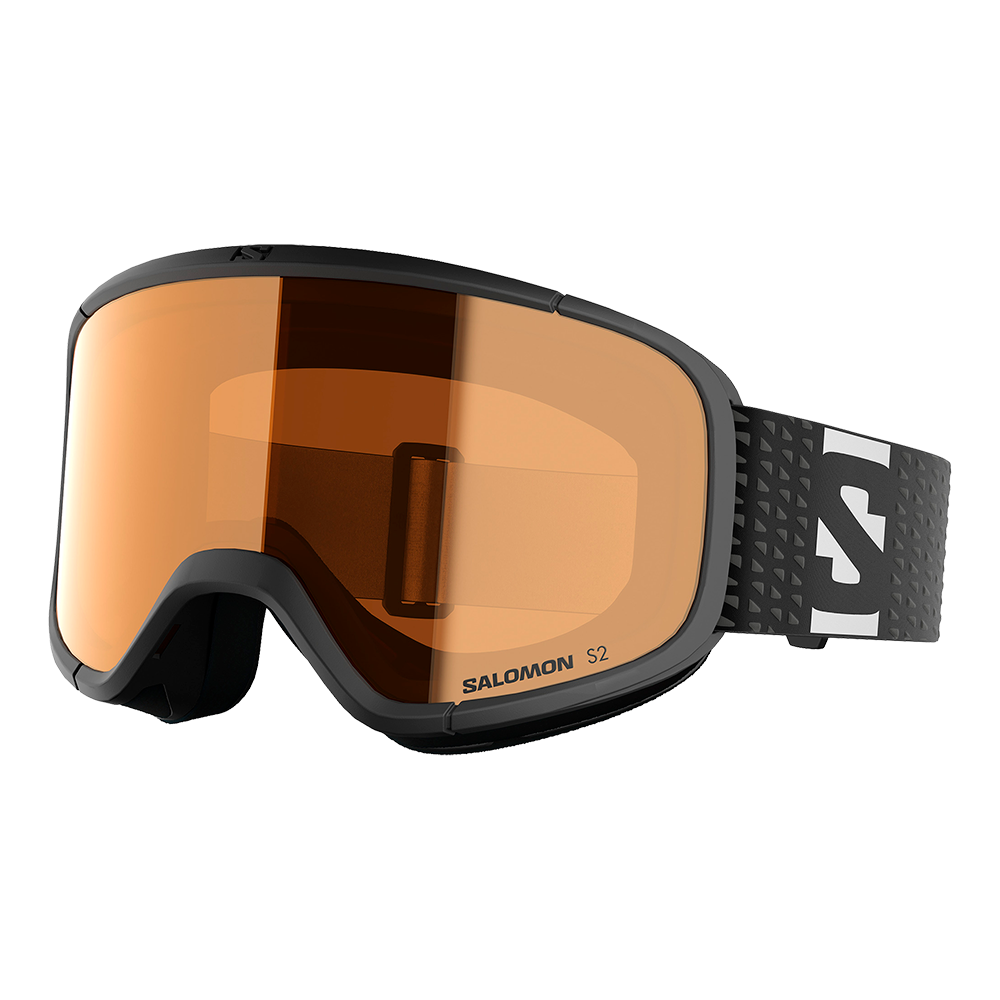 Et par Salomon skibriller med bred, orangetonet linse og en mat sort ramme. Designet er moderne og funktionelt med polstret næseparti og en justerbar, mønstret strop med tydeligt logo. Den store linse giver vidt udsyn og beskytter mod blænding, mens rammen ser robust og komfortabel ud til alpine forhold. Et stilrent valg til skiløb eller snowboard.