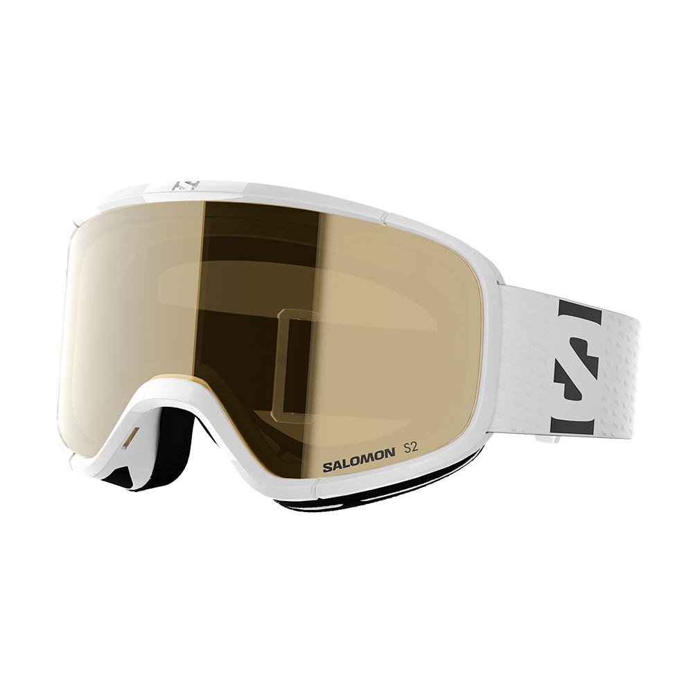 Disse hvide Salomon S2 skibriller har en stor, kurvet, gyldenbrun linse, der giver bredt udsyn og beskytter mod blænding. Rammen er slank med blødt polstret skum mod ansigtet og en bred, justerbar rem med grafisk Salomon-print. Designet fremstår moderne og funktionelt — velegnet til alpint skiløb og snowboard, hvor komfort, pasform og stil går hånd i hånd.