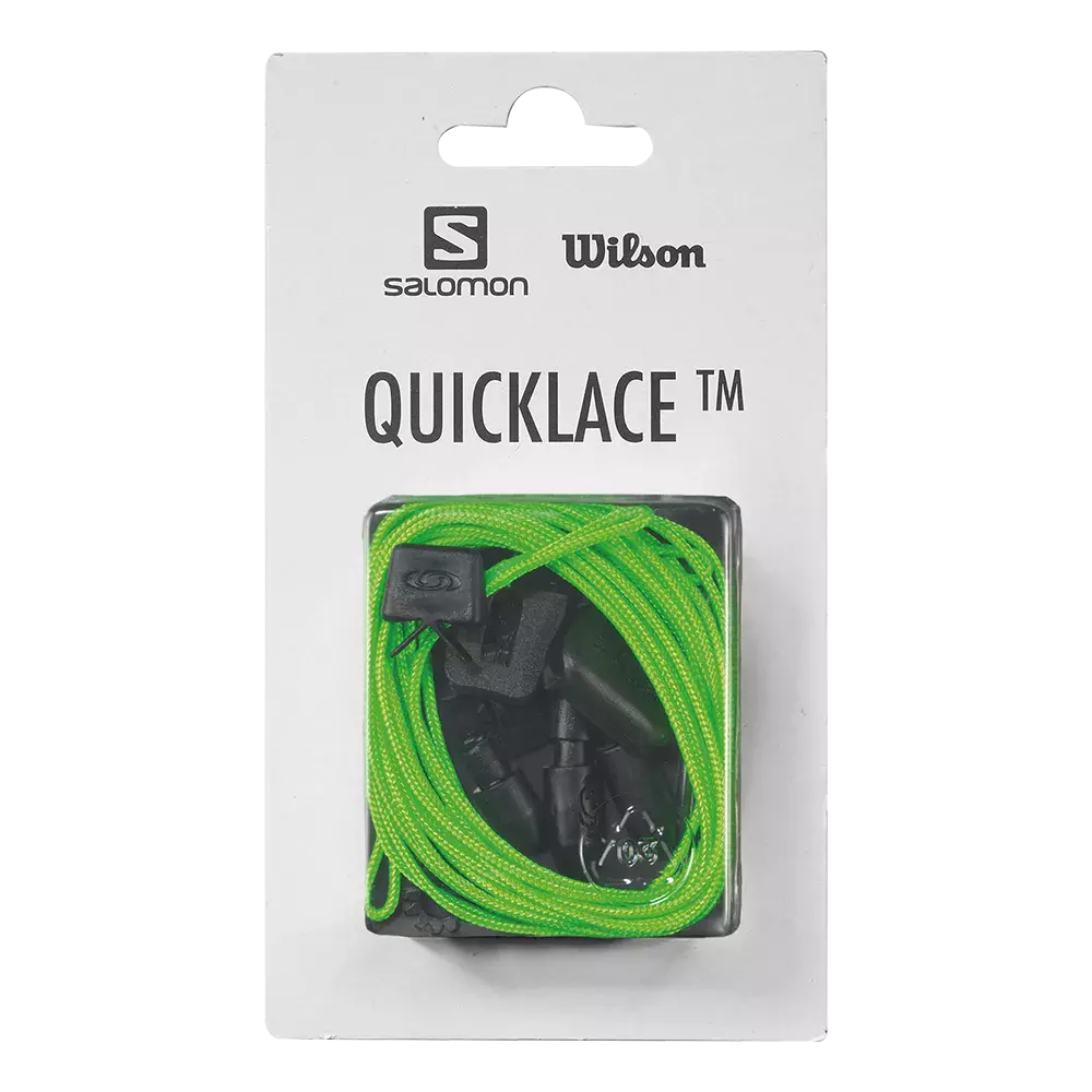 På billedet ses en pakke Quicklace™ fra Salomon og Wilson. Hvidt kort med gennemsigtigt blister viser et sæt neongrønne elastiske snørebånd og sorte låseudstyr til hurtig opstramning. Designet er kompakt og velegnet til løbe- eller vandresko, hvor hurtig tilpasning og enkel lukning er vigtigt. Emballagen fremhæver mærkerne øverst og præsenterer produktet klart og overskueligt.