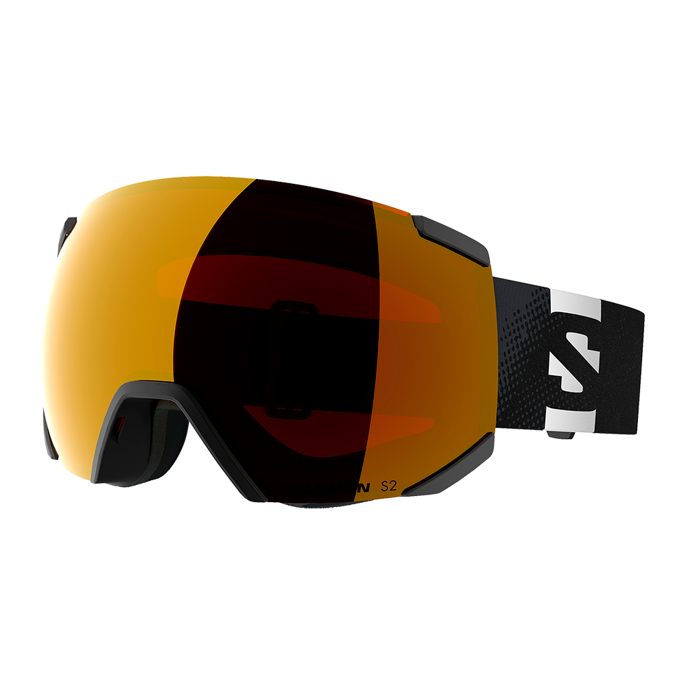gul, der reflekterer lyset og giver bredt udsyn. Brillen har en lav profil sort ramme langs kantene og blød skumforing ved næsen for komfort. Elastikstroppen er sort med diskret mønster og hvidt logo, justerbar for sikker pasform. Designet virker robust og aerodynamisk, velegnet til alpine forhold og høj hastighed.