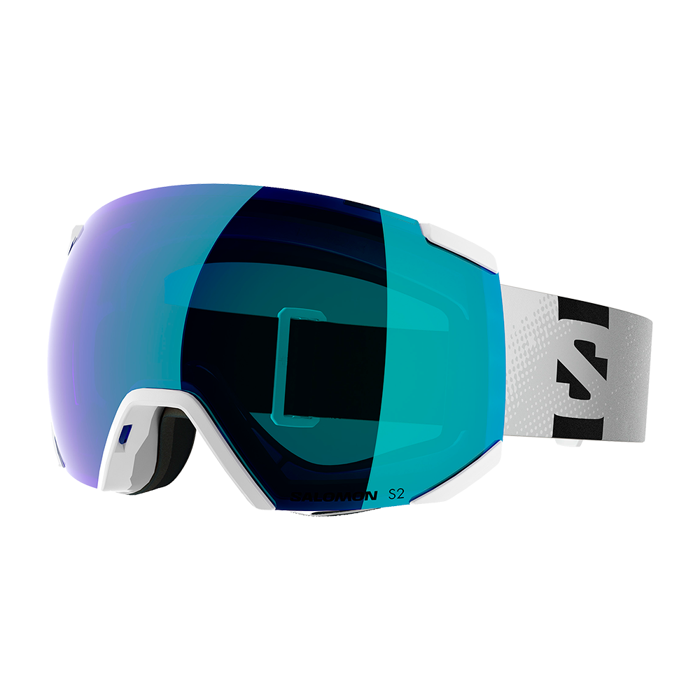 Blåtonede skibriller med et moderne, sfærisk linse-design og næsten rammeløs profil. Den spejlende linse giver bredt synsfelt og reducerer blænding, mens den hvide kant og komfortabel skumforing sikrer tæt og behagelig pasform. Elastisk, mønstret rem med logo gør dem nemme at justere. Ventilationsåbninger og anti-dug-belægning antyder pålidelig ydeevne i skiftende vejrforhold, ideelle til skiløb eller snowboarding.