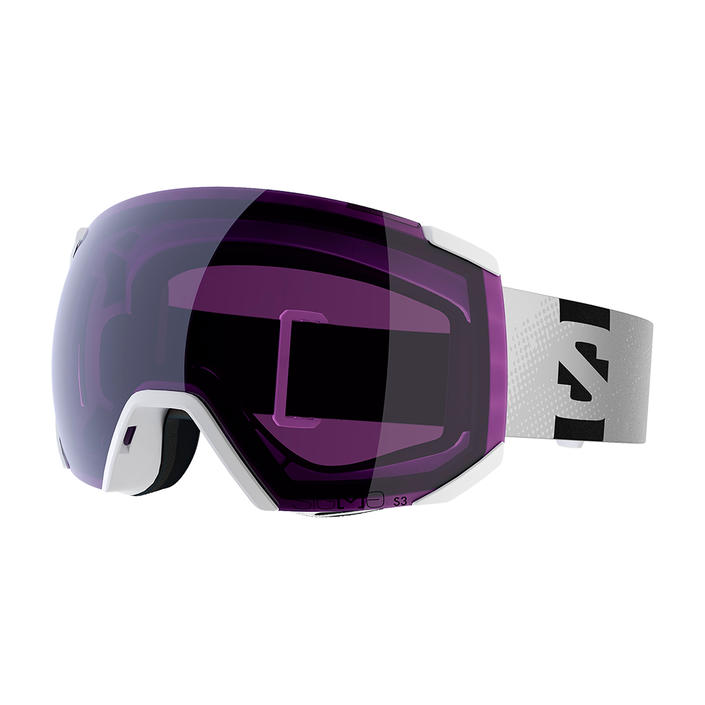 Denne moderne skibrille har en stor, buet linse i dyb lilla toning og en hvid ramme, der omslutter ansigtet tæt. Den brede, justerbare strop i grå med sort mønster sikrer god pasform over hjelm. Indvendigt ses blød skumpolstring for komfort og tæt tætning mod vind og sne. Designet virker aerodynamisk og funktionelt, velegnet til skiløb og snowboard i skiftende vejrforhold.
