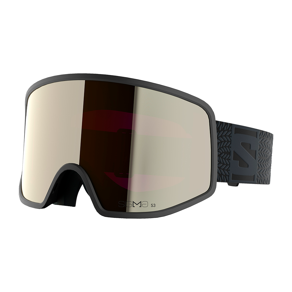 Disse skibriller har et stort, spejlblankt linseområde i gyldent/rosa tone og en mat sort ramme med blød næseindsats. Den brede, elastiske rem har mønster og logo og sikrer stabil pasform omkring hjelmen. Brillerne fremstår robuste, med anti-dug struktur og god ventilation langs kantene, designet til alpine forhold og aktiv vintersport, mærket 'SIGMA S3' på linsen.