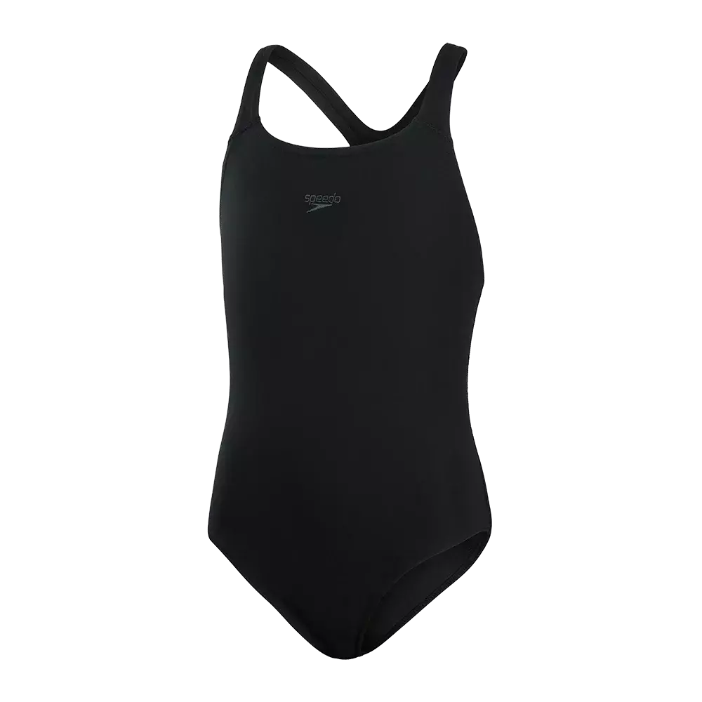 Sort, enkelt badedragt i enkelt snit fra Speedo. Enkelt design med krydsede skulderstropper bagpå, moderat udskæring ved benene og rund halsudskæring. Fremstillet i glat, strækbart materiale med mat finish, velegnet til træning og svømning. Diskret logo midt på brystet giver et minimalistisk look. Funktionel, holdbar og komfortabel til regelmæssig brug i pool eller ved stranden.