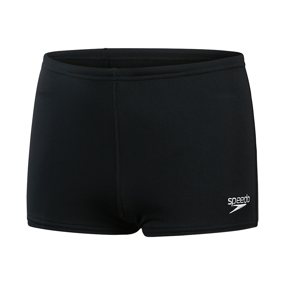 Et par sorte, tætsiddende svømmeboxers/shorts i klassisk Speedo-design. Det enkle snit sidder lavt på hoften med flade syninger og elastisk linning. Materialet virker glat og elastisk, beregnet til svømning; et lille hvidt Speedo-logo pryder nederste højre side. Stilrene og funktionelle, velegnede til træning eller fritidsbrug i vand på grund af det tætsluttende, hydrodynamiske snit.
