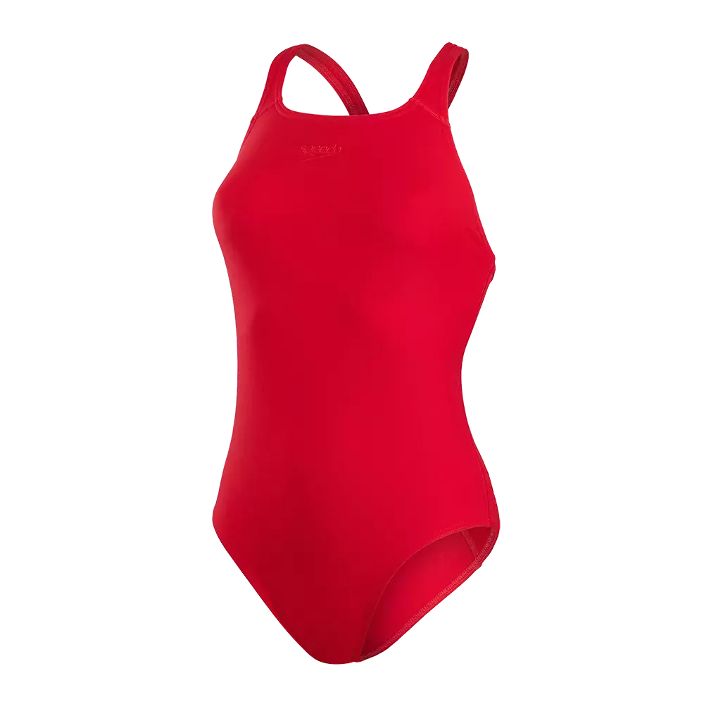 Rød, enkelt designet badedragt i ét stykke med høj halsudskæring og smalle stropper. Badedragten er lavet i glat, strækbart materiale med diskret logo på brystet og giver en tætsiddende pasform, der egner sig til træning og fritidsbrug i vandet. Den klassiske, sporty silhuet sikrer god bevægelsesfrihed og et tidløst udtryk.