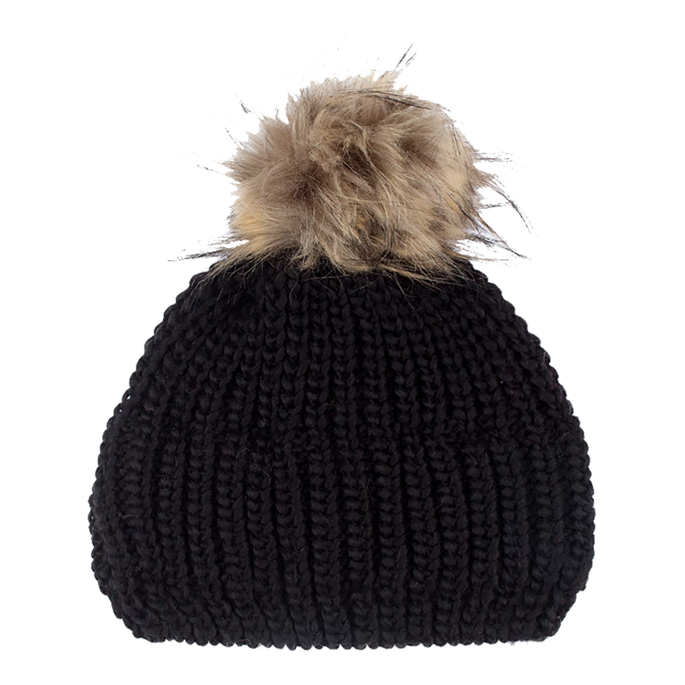 En kraftig, sort strikket hue med tæt ribstruktur og en stor, lysebrun pelskvas på toppen. Huen ser blød og varm ud med en let elastisk pasform, der omslutter hovedet og holder på varmen. Det klassiske design og den neutrale farve gør den velegnet til både hverdag og vinteraktiviteter, og pelskvasen tilfører et stilfuldt og hyggeligt finish.