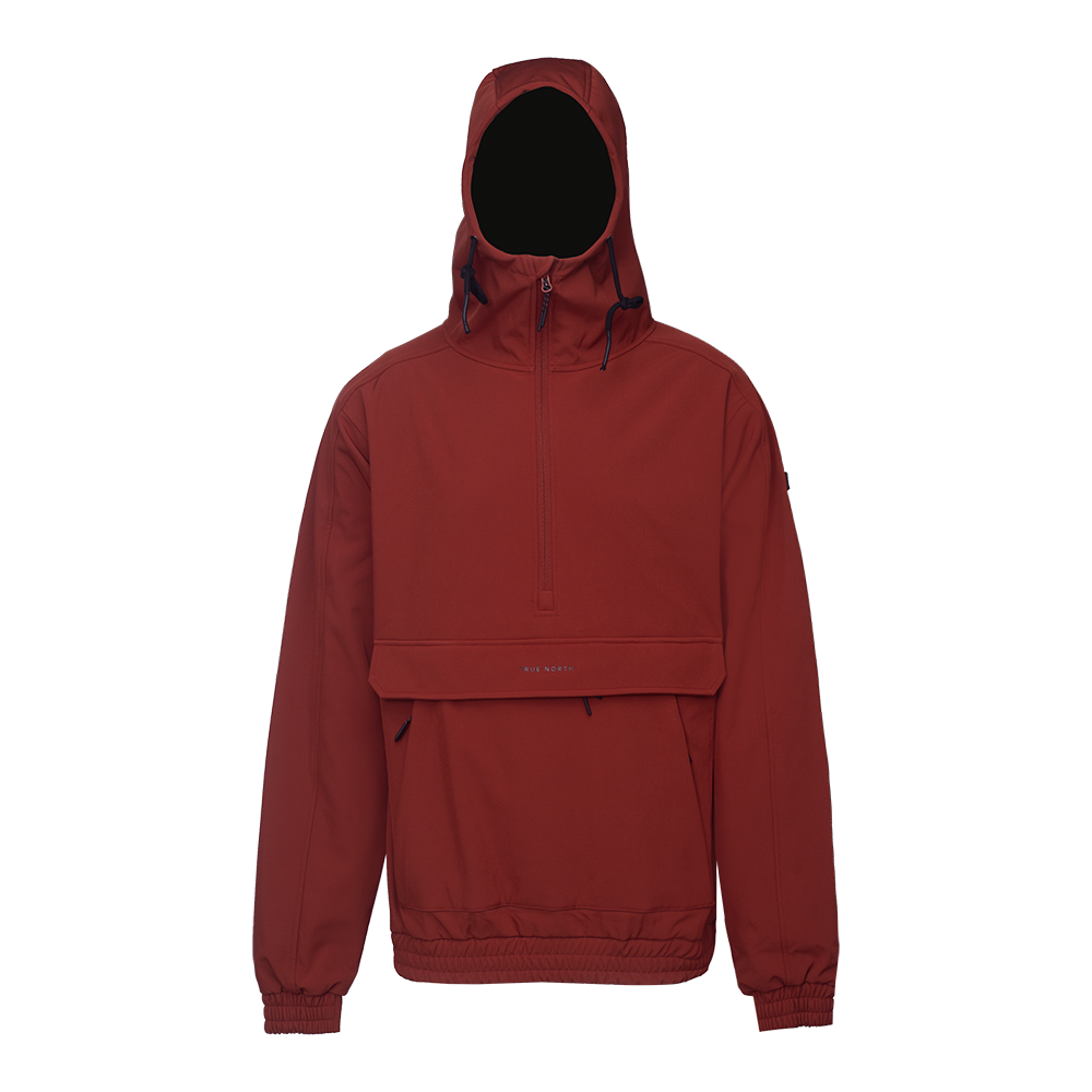 En stilren, bordeauxrød anorakjakke med hætte og halvlang lynlås i front. Jakken har en stor kængurulomme med klap, justerbare snører ved hætten og elastiske manchetter og kant for god pasform. Materialet virker vandafvisende og let struktureret, egnet til urbane og udendørs aktiviteter. Designet er minimalistisk og funktionelt, med rene syninger og afdæmpet æstetik.