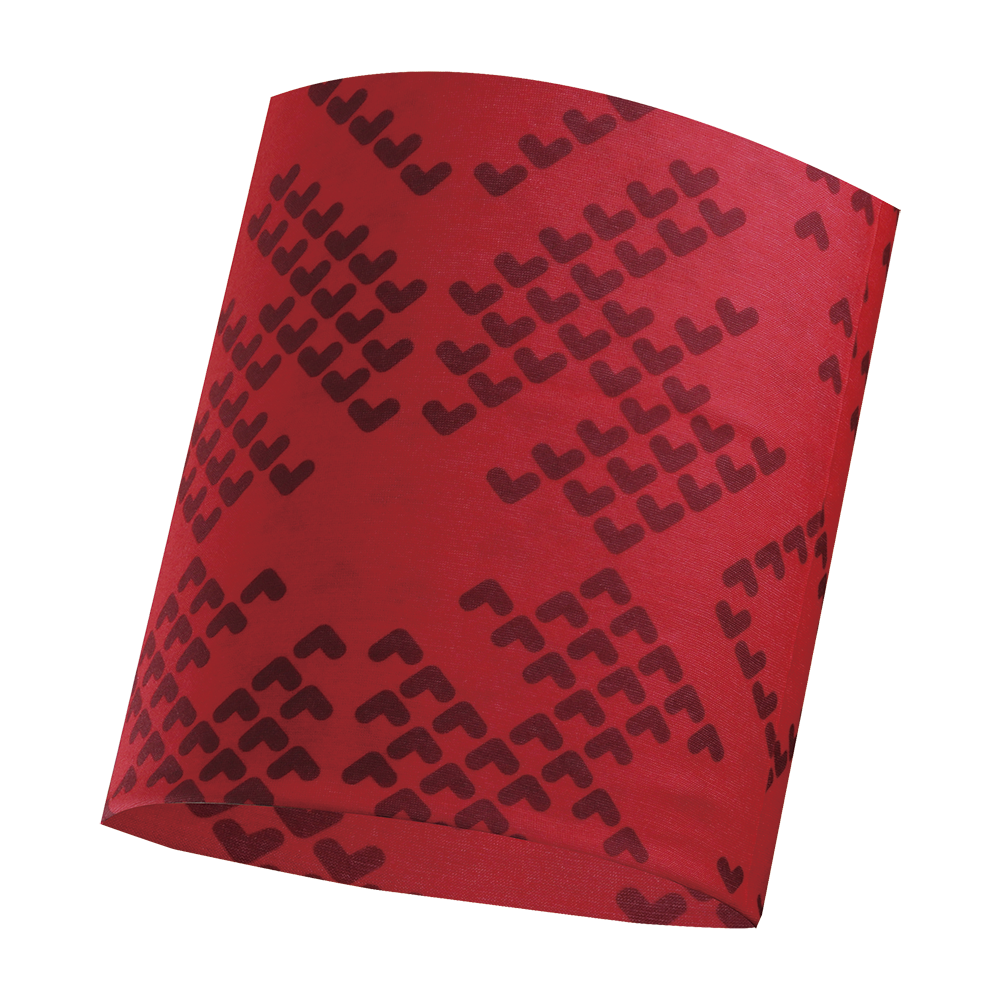 Rødt, rørformet stof med et gentaget mønster af små, mørkerøde hjerter, som danner diagonalrækker og geometriske former. Materialet ser glat og elastisk ud, egnet som halsrør eller multifunktionelt tørklæde til udendørs brug. Farvetonen er dyb kirsebærrød, og mønstret giver både et legende og tidløst udtryk. Velegnet til at tilføre varme og et feminint, moderniseret touch til sporty og hverdagstøj.