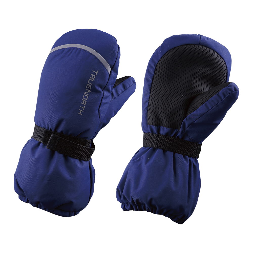 Et par varme, mørkeblå vintervotter med lang manchet, sorte gribeflapper på håndfladen og justerbare remme ved håndleddet. Vottene har ripstop-lignende overflade, refleksdetalje og teksten "TRUENORTH" på ydersiden. Polstret design og skridsikkert greb gør dem velegnede til skiløb, snelege og koldt vintervejr, hvor de holder hænderne tørre og varme samtidig som sne forhindres i at trænge ind.