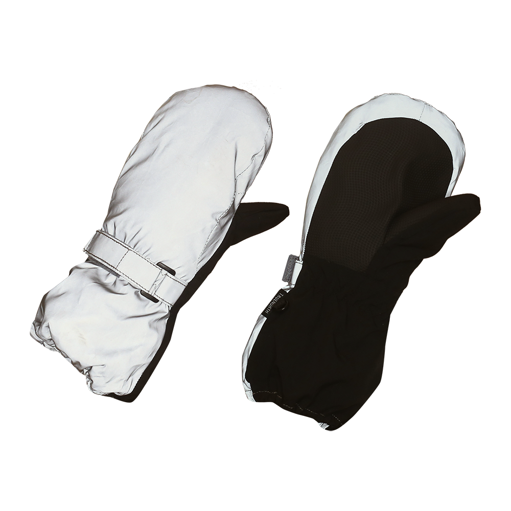 På billedet ses et par varme luffer med hvidt ydre og sorte håndflader. Den ene muffe har en justerbar velcrolukning ved håndleddet, og begge har elastiske manchetter for god pasform. Håndfladerne har et tekstureret grebsfelt, mens den polstrede overflade antyder isolering mod kulde. Designet virker robust og funktionelt, velegnet til vinteraktiviteter som skiture eller leg i sneen.