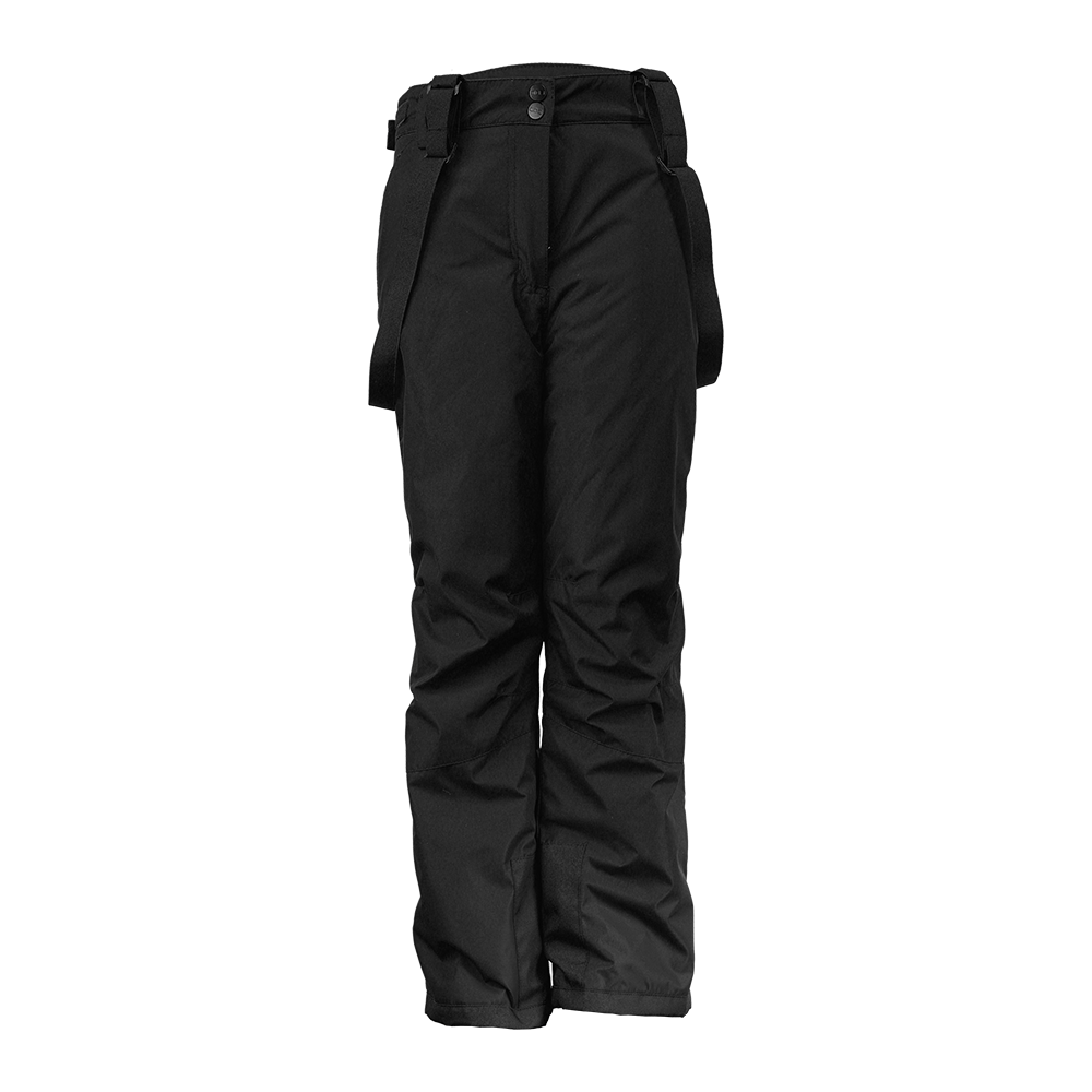 Mørke sorte vinterbukser med seler, lige pasform og let polstring. De har høj talje med dobbelte knapper, justerbare seler og forstærkede sømme ved benene. Et robust design i vejrbestandigt materiale egner sig til skiløb eller udendørs vinteraktiviteter, hvor beskyttelse mod kulde og sne er vigtig. Klassisk, funktionel stil med fokus på komfort og bevægelsesfrihed.