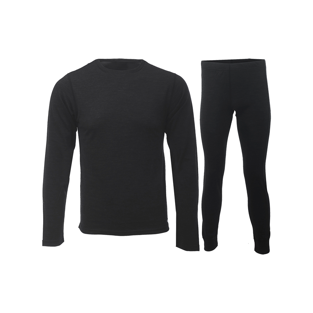 Sort undertøjssæt bestående af en enkel, langærmet trøje med rund hals og et par tætsiddende underbukser/longs. Materialet fremstår blødt og varmt, velegnet som isolerende mellemlag under vintertøj eller til afslappet brug hjemme. Designet er minimalistisk uden synlige detaljer, og pasformen ser ergonomisk ud med elastisk talje og tætsiddende ben for god bevægelsesfrihed.
