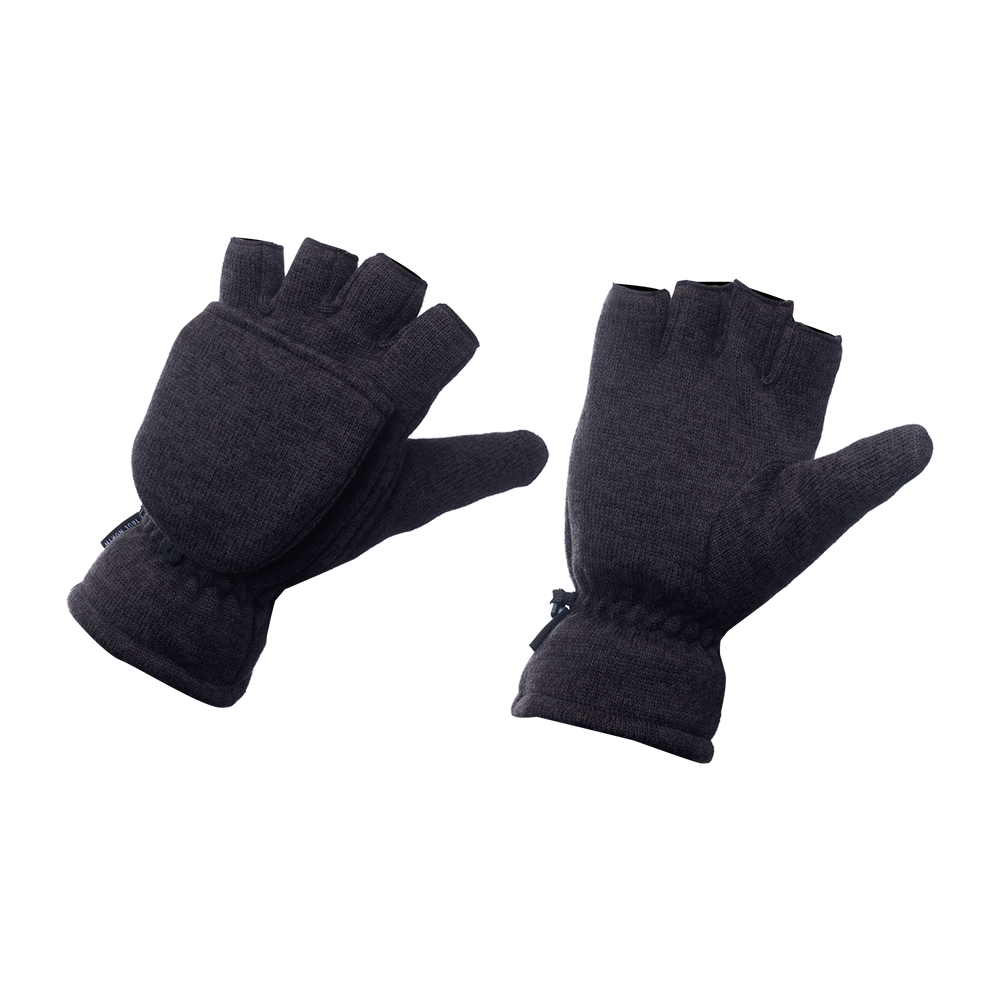 Et par mørkegrå, strikkede konvertible handsker med åbne fingerender og en foldbar flig, der kan dække fingrene som luffer. Materialet ser blødt og isolerende ud, med elastisk håndledsafslutning for tæt pasform. Designet kombinerer varme og funktionalitet, ideelt til udendørs aktiviteter hvor fingerspids-følsomhed er nødvendig — for eksempel fotografering, brug af smartphone eller cykelture i køligt vejr. De fremstår tidløse og praktiske.