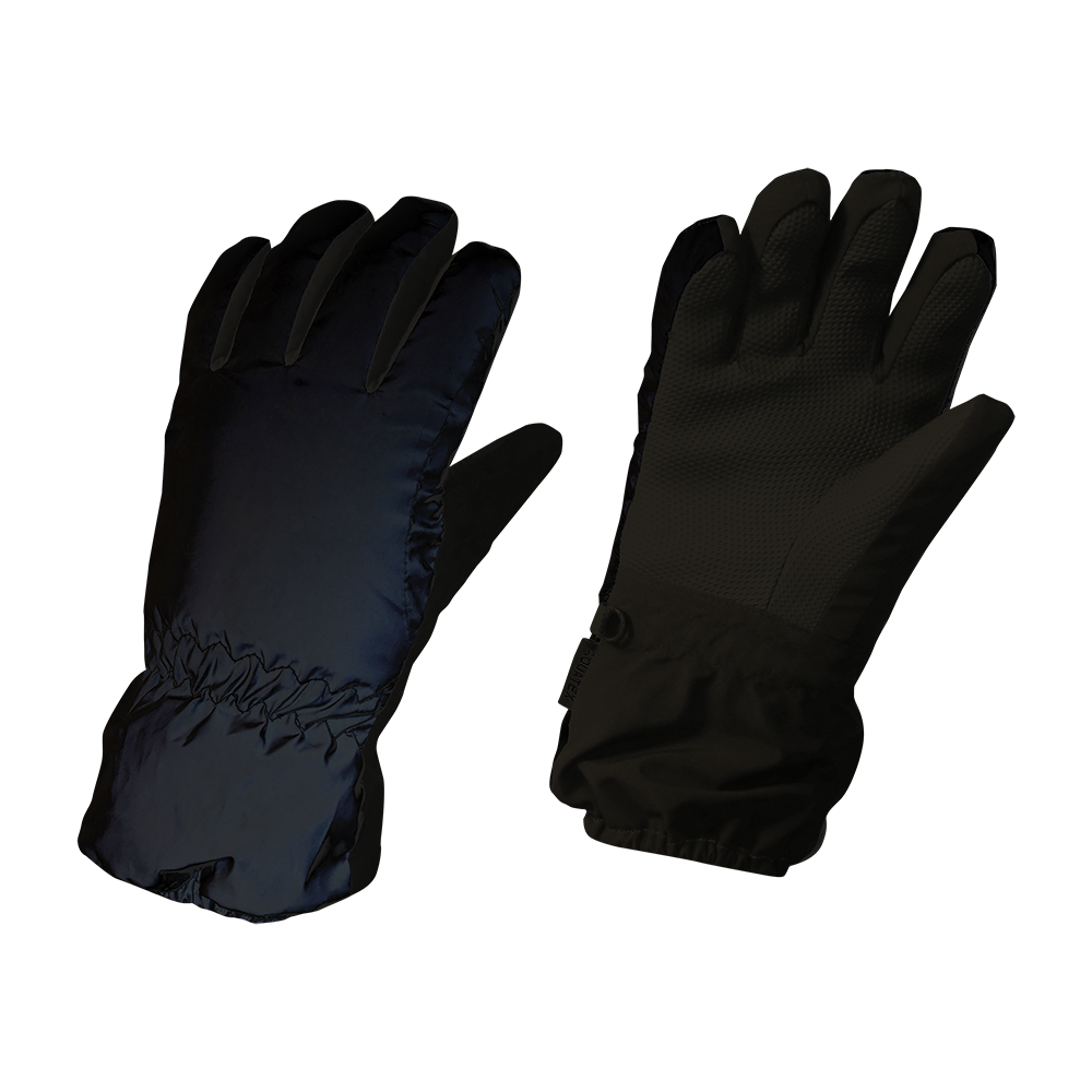 Et par sorte vinterhandsker vises mod hvid baggrund. Den ene handske ligger med oversiden opad og har blankt, polstret materiale med elastisk smal indsnøring ved håndleddet, den anden med håndfladen opad viser skridsikkert, tekstureret greb og forstærkede fingre. Handskerne ser varme og funktionelle ud til koldt vejr, med praktisk pasform og robust finish der beskytter mod vind og kulde.
