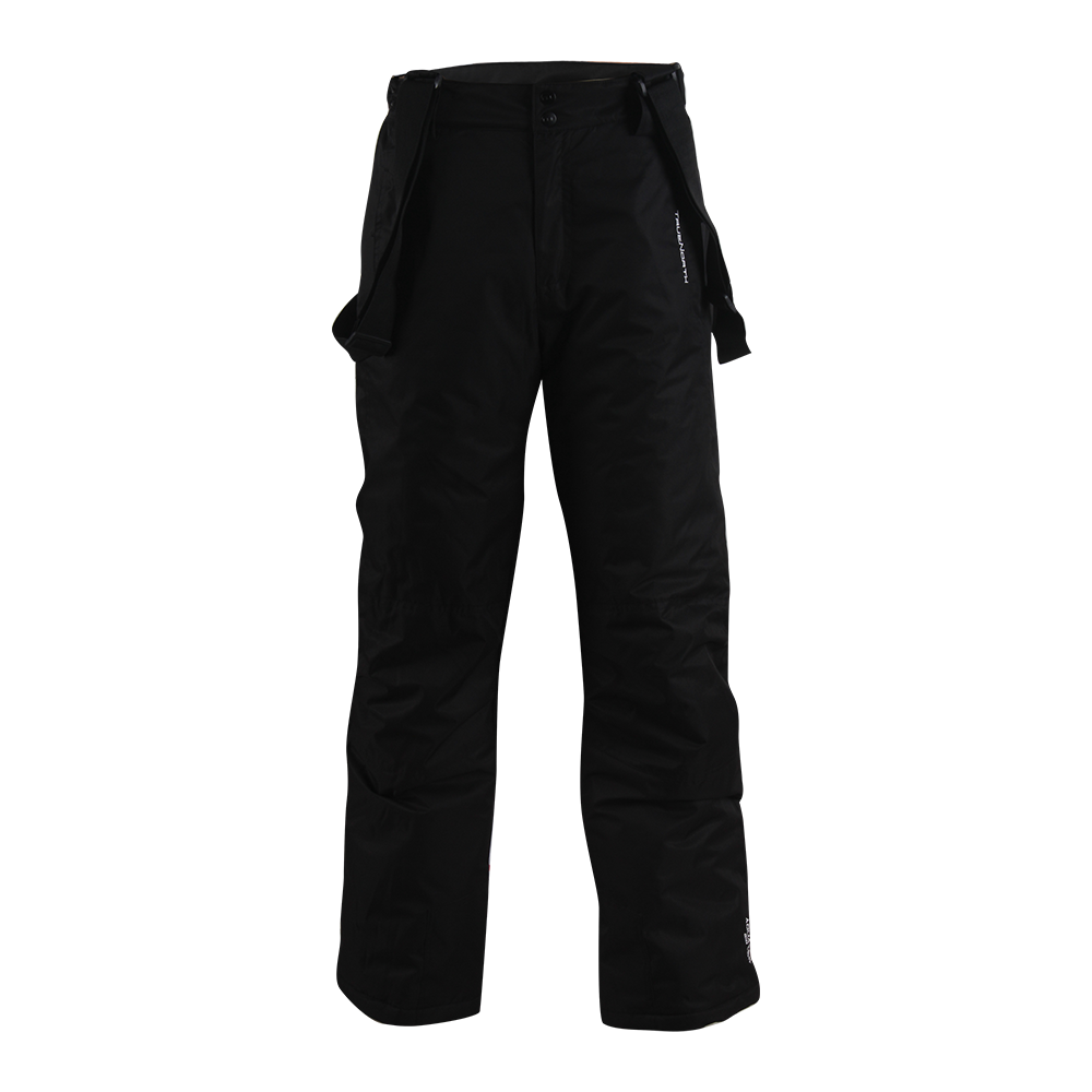 Billedet viser et par sorte, isolerede skibukser med aftagelige seler og høj talje. Bukserne har et slidstærkt, vandafvisende materiale, justerbare seler og lynlåslommer i siderne. Benene er rummelige og har en komfortabel pasform med let forstærkning ved sømmene, designet til at passe over skistøvler. Stilrent, funktionelt design velegnet til vinteraktiviteter, hvor varme, bevægelsesfrihed og beskyttelse mod vind og sne er vigtige.