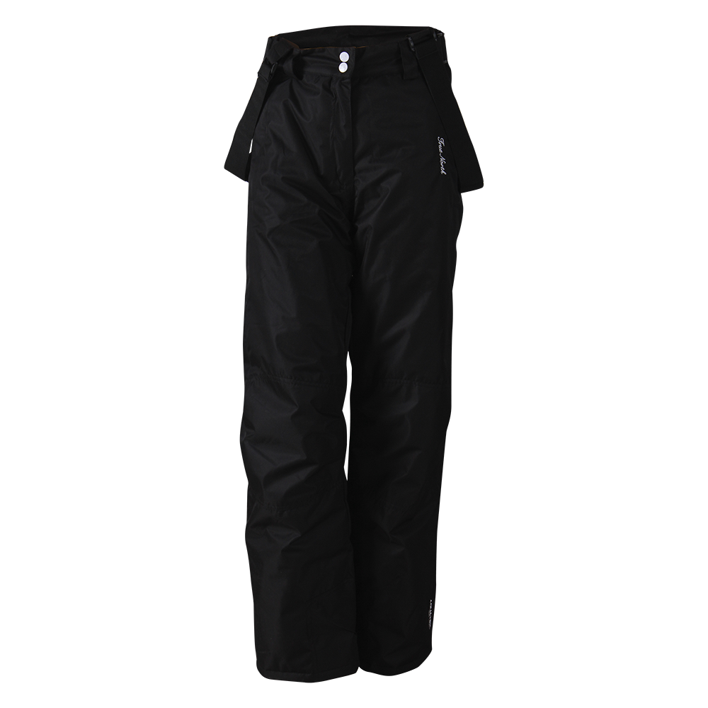 Disse sorte ski- eller termibukser har et enkelt, funktionelt design med høj talje og to hvide knapper i linningen. Justerbare seler er monteret for ekstra støtte, og buksebenenes lette, vandafvisende materiale har synlige sømme ved knæene for bevægelsesfrihed. Bukserne har en afslappet, lige pasform og diskret hvid logotryk på lår og nederst, ideelle til vinteraktiviteter og skiløb.