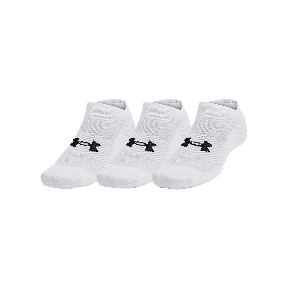 Et sæt på tre hvide, lave ankelstrømper med sort Under Armour-logo i midten. Strømperne har polstret tå og en tæt, åndbar strik, der giver støtte omkring mellemfoden og en lav profil, som passer i sneakers. Deres enkle, funktionelle design gør dem velegnede til træning og hverdag, hvor komfort, pasform og diskret branding prioriteres.