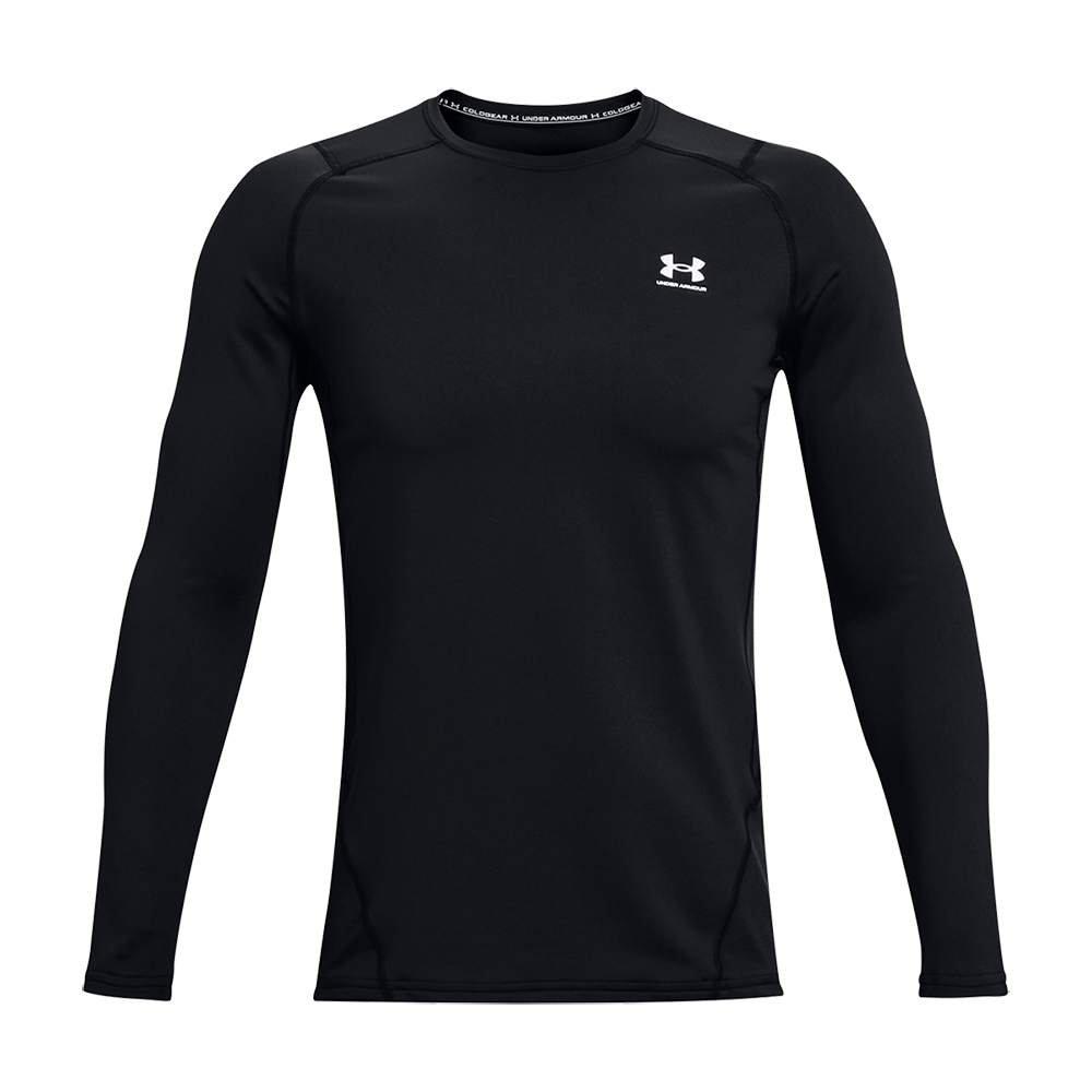 Sort træningstrøje med lange ærmer og tætsiddende pasform, fremstillet i glat, teknisk materiale der virker svedtransporterende. Rund hals og flade syninger giver komfort under bevægelse, mens det diskrete hvide Under Armour-logo på venstre bryst tilfører et sporty touch. Enkel, funktionel og velegnet som kompressionslag eller til udendørs træning i køligere vejr.