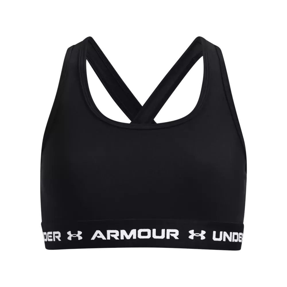 Sort sports-bh fra Under Armour med bredt elastisk underbånd dekoreret med hvide logoer og teksten "ARMOUR". Designet har krydsede stropper i ryggen for god bevægelsesfrihed og en rund udskæring foran. Den glatte, strækbare overflade giver et enkelt og funktionelt udtryk, velegnet til både træning og hverdagsbrug, hvor komfort og støtte prioriteres uden synlige sømme.