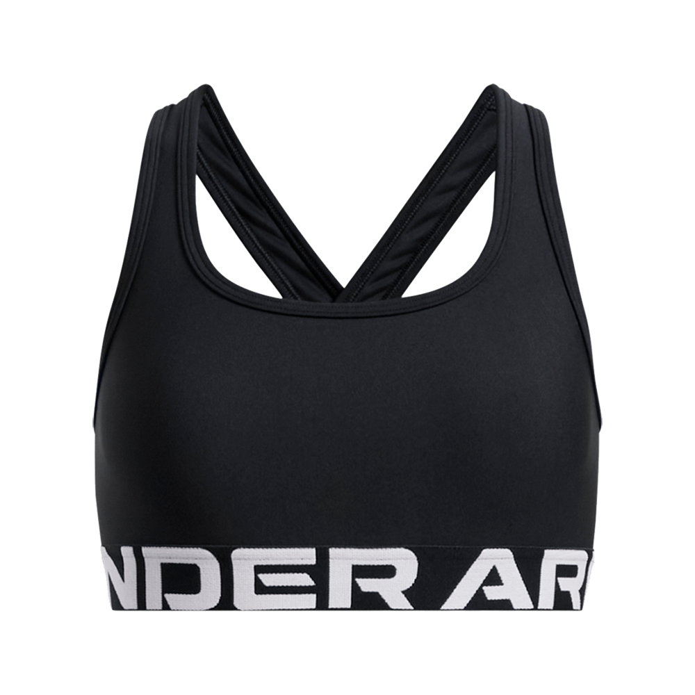 Sort sports-bh i minimalistisk design med krydset rygstropper, bred elastik under barmen med delvist synligt logo i hvid. Fremstillet i glat, stretchbart materiale der giver støttende pasform og komfort under træning. Rund udskæring foran og tætsiddende skæring i siderne sikrer bevægelsesfrihed. Velegnet til både løb, fitness og hverdagstræning for kvinder.