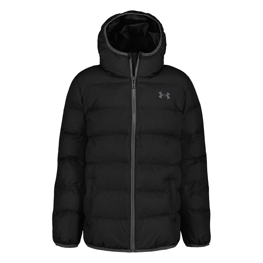 Sort dun- eller vatteret jakke med hætte og gennemgående lynlås foran. Jakken har brede vandrette quiltede sømme, elastiske ærmeafslutninger og indbyggede sidelommer, der giver varme og funktionalitet. Et diskret logo pryder venstre bryst, hvilket understreger det sportslige udtryk. Stilren, varm og praktisk jakke til kolde dage, designet til at kombinere komfort, bevægelsesfrihed og minimalistisk æstetik.