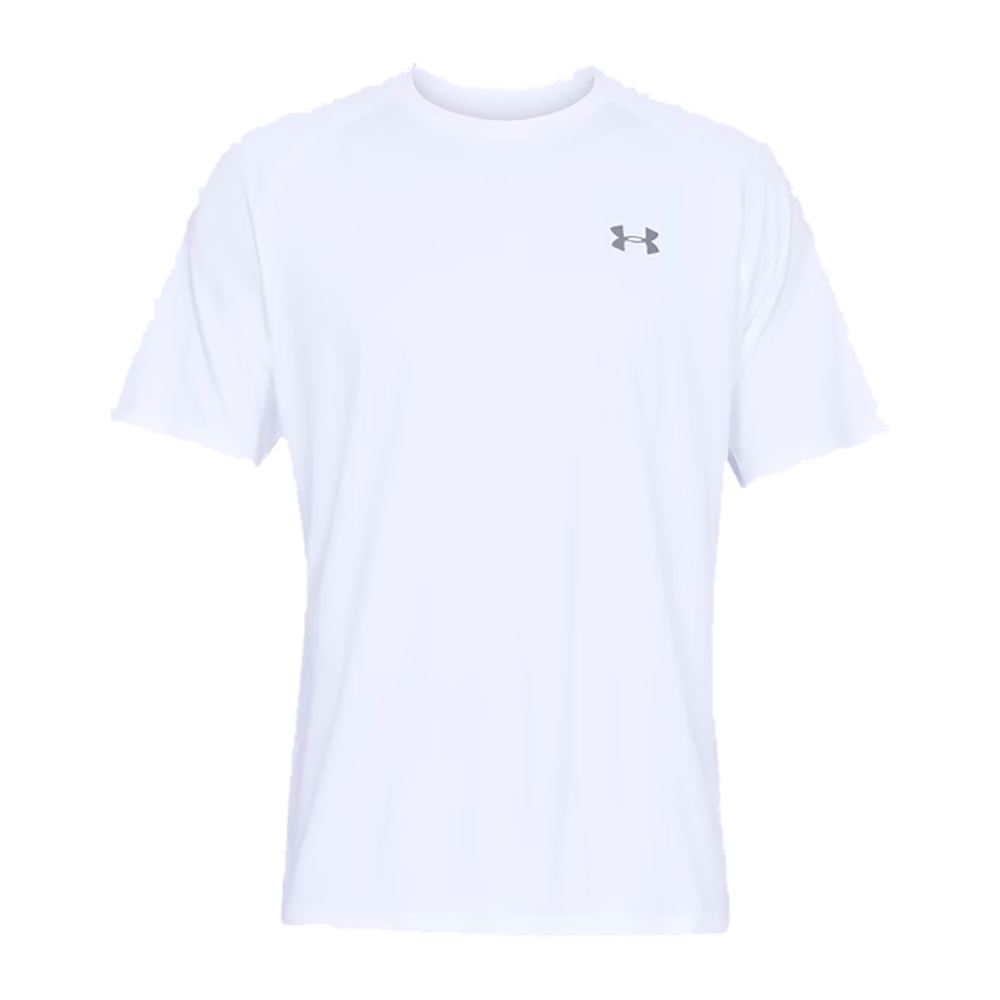 Et enkelt, hvidt T‑shirt fra Under Armour i et rent og sportigt design. Kortærmet model med rund hals og et lille, diskret logo på venstre bryst. Stoffet virker let og åndbart, ideelt til træning eller hverdag. Snittet er løstsiddende uden markante syninger, hvilket giver et neutralt og alsidigt udtryk, der let kan kombineres med forskellige outfits.