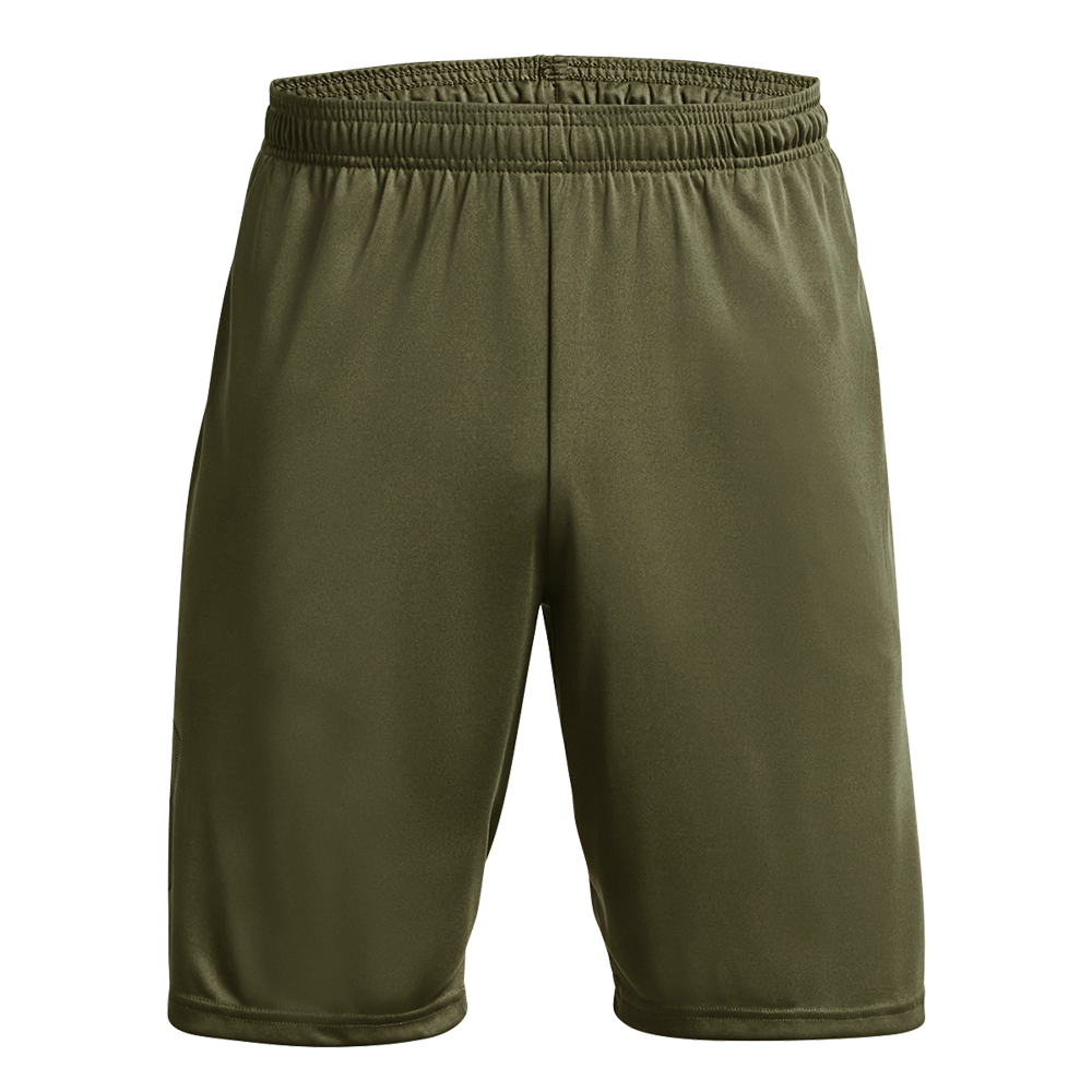 Et par enkle, olivengrønne træningsshorts i let og glat materiale med elastisk taljebånd. Shortsene er knælange med et minimalistisk snit uden synlige lommer, designet til fri bevægelse og komfort under træning. Stoffet virker åndbart og hurtigtørrende, velegnet til løb, fitness eller afslappet fritidsbrug. Farven og det rene design giver et neutralt, praktisk udtryk.