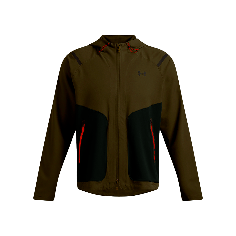 Jakke i armygrøn med sorte paneler og tydelige røde lynlåse, designet til aktive udendørs aktiviteter. Den har hætte, fuld lynlås og to lommer med vandtætte lynlåse, samt et diskret Under Armour-logo på brystet. Materialet virker tætvævet og let vandafvisende, med elastisk pasform og bevægelsesfrihed i ærmerne. En sporty, funktionel softshell-jakke velegnet til træning, vandreture eller hverdagsbrug.