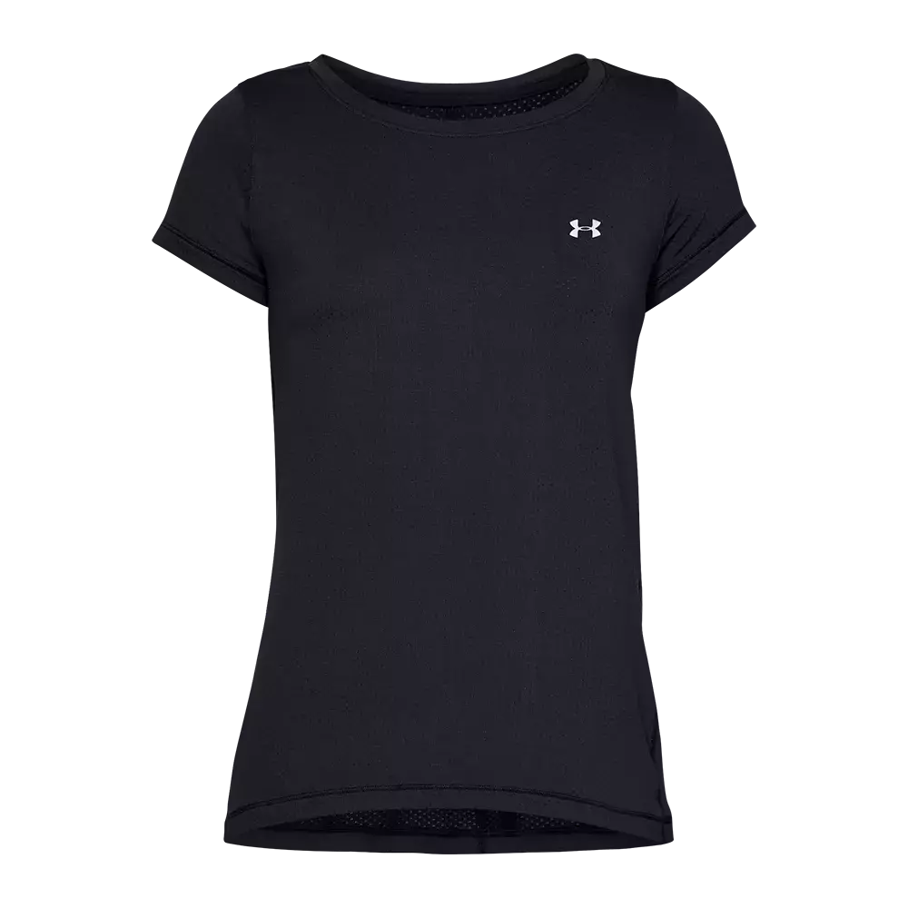 Sort, tætsiddende trænings-T-shirt fra Under Armour med korte ærmer og rund hals. Materialet virker let, svedtransporterende og strækbart, velegnet til træning eller hverdagsbrug. Det lille logo på brystet giver et sporty præg, og den diskrete, længere bagkant sikrer bevægelsesfrihed. Enkel, minimalistisk og funktionel model, der kombinerer komfort med et neutralt, moderne udtryk.