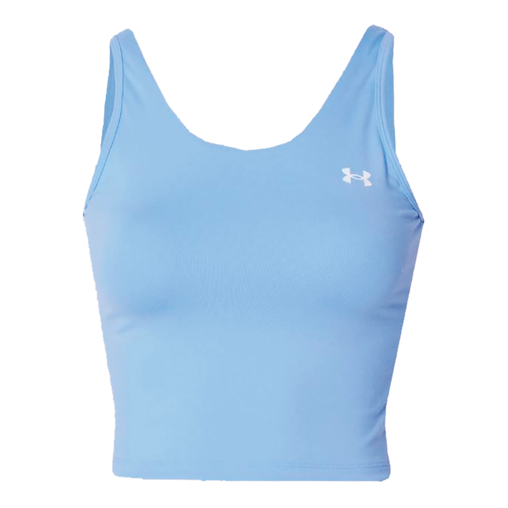 Lyseblå, tætsiddende crop-top i sporty design med bredt snit ved skuldrene og rund udskæring. Toppen er fremstillet i strækbart, fugttransporterende materiale, der giver bevægelsesfrihed og komfort under træning. Den korte længde sidder til ved taljen, mens det hvide logo på brystet tilfører et diskret, moderne præg. Velegnet til fitness, løb eller som lag-på-lag-stykke i hverdagsgarderoben.
